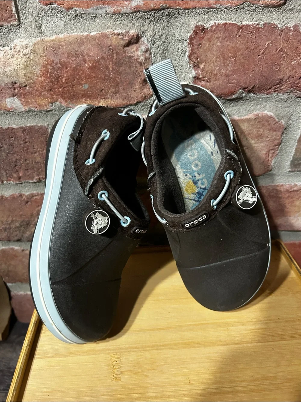 CROCS lil boys (kids) slip on RARE,size c12,brown/lite blue